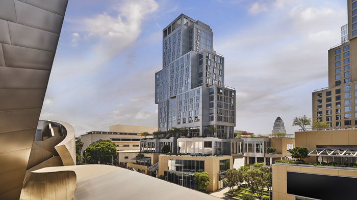 Exterior of the Conrad Los Angeles, designed by architect Frank Gehry