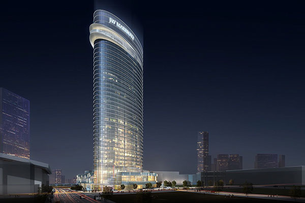 Exterior photo of the JW Marriott Nashville in the evening.