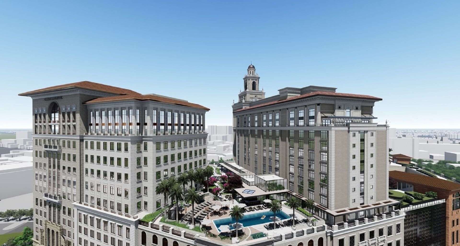 SLoews Coral Gables Hotel exterior with rooftop pool and deck.