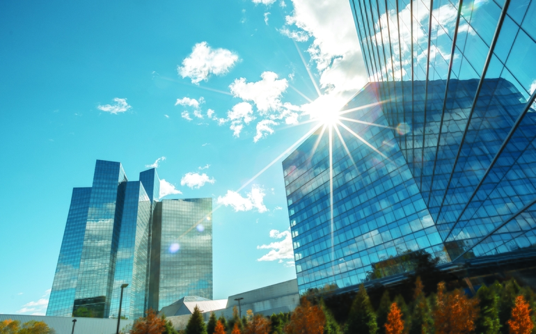 Earth Tower, Sky Tower, and Casino exterior at Mohegan Sun