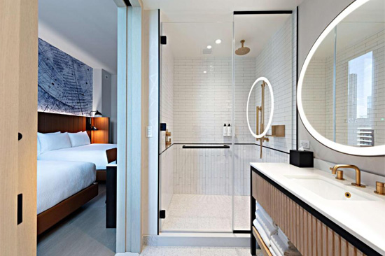 Tempo by Hilton New York Times Square guest room bathroom interior.