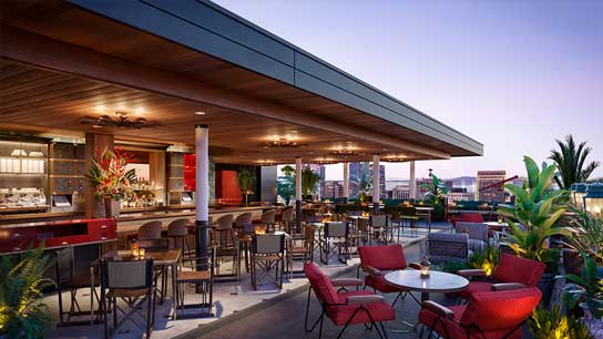 Photo of the Virgin San Francisco rooftop bar at sunset.