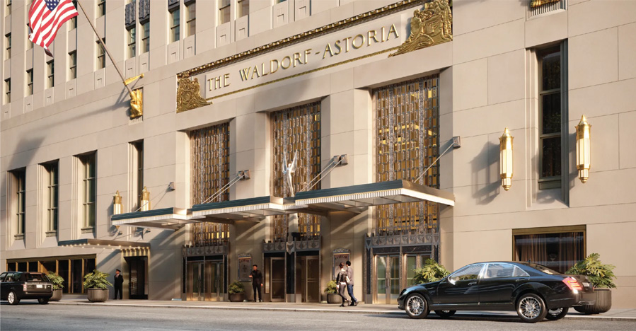 Exterior view of New York’s Waldorf Astoria hotel.